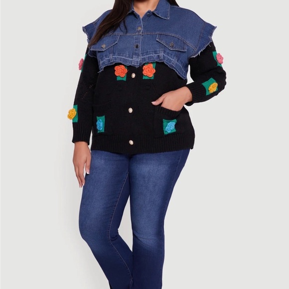 Boutique Jackets & Blazers - Women's Black and Blue Denim Jacket with Floral Accents
